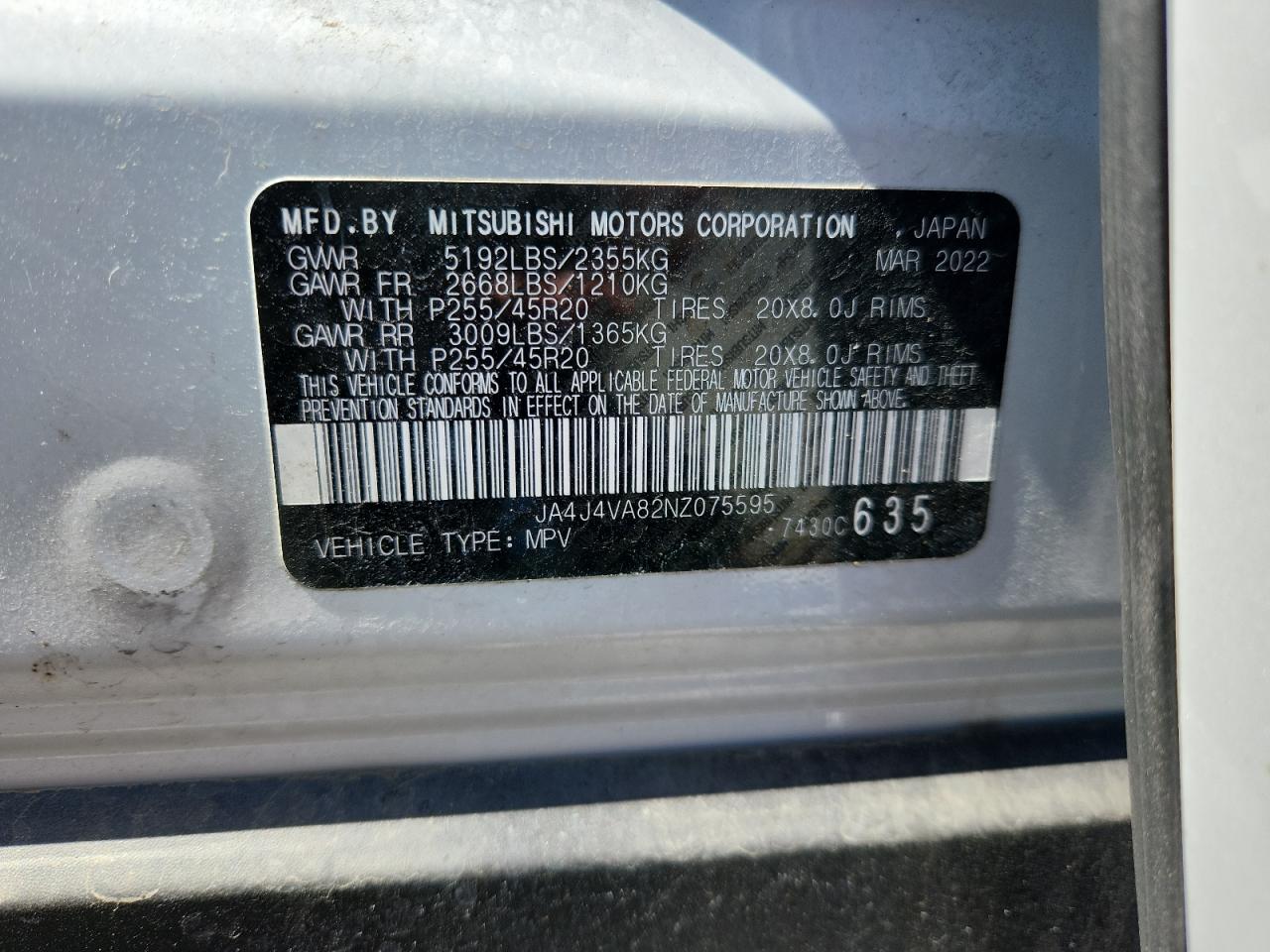 2022 Mitsubishi Outlander Sel VIN: JA4J4VA82NZ075595 Lot: 71565355