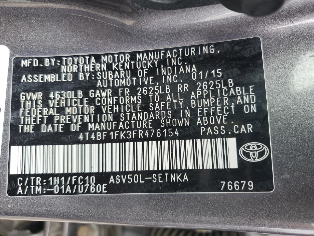 2015 Toyota Camry Le VIN: 4T4BF1FK3FR476154 Lot: 82037275