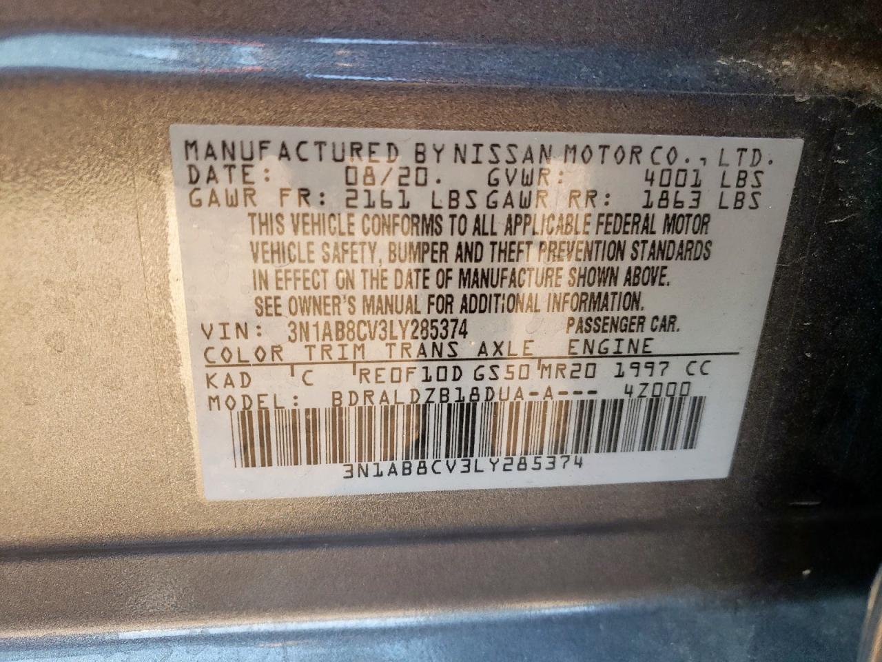 2020 Nissan Sentra Sv VIN: 3N1AB8CV3LY285374 Lot: 81587555