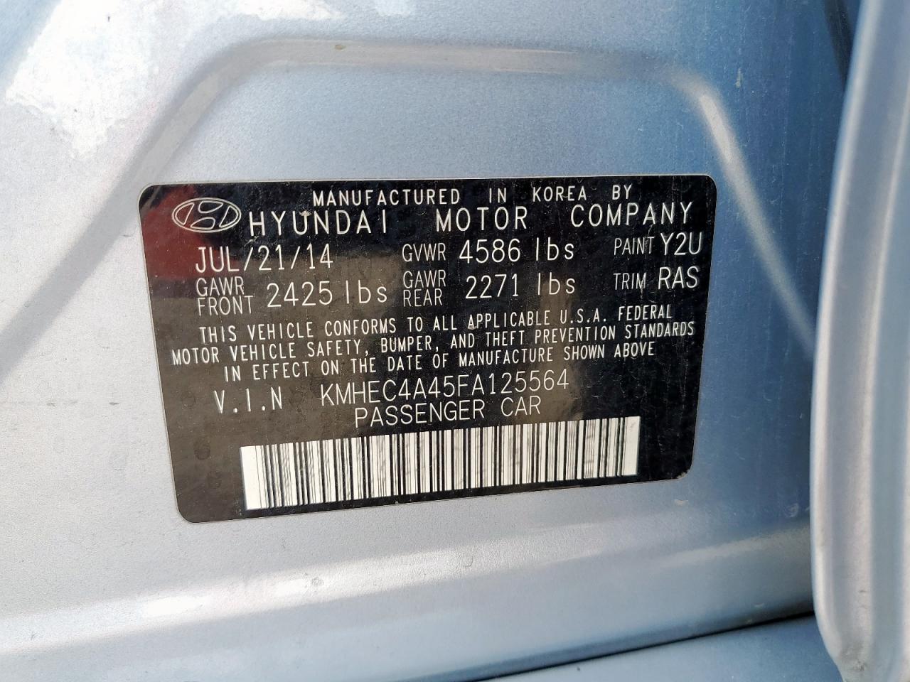 2015 Hyundai Sonata Hybrid VIN: KMHEC4A45FA125564 Lot: 80617075