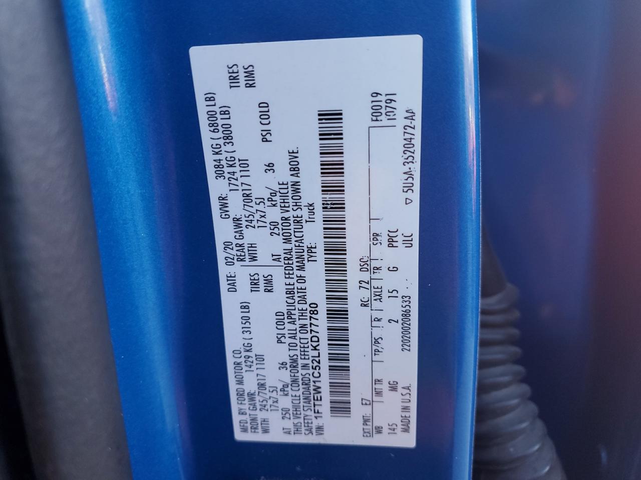 2020 Ford F150 Supercrew VIN: 1FTEW1C52LKD77780 Lot: 80306965