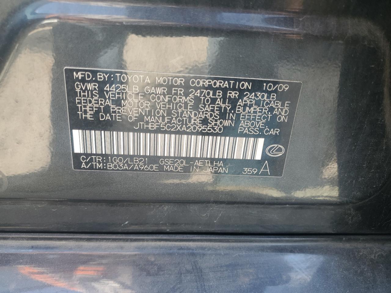 2010 Lexus Is 250 VIN: JTHBF5C2XA2095530 Lot: 81912365