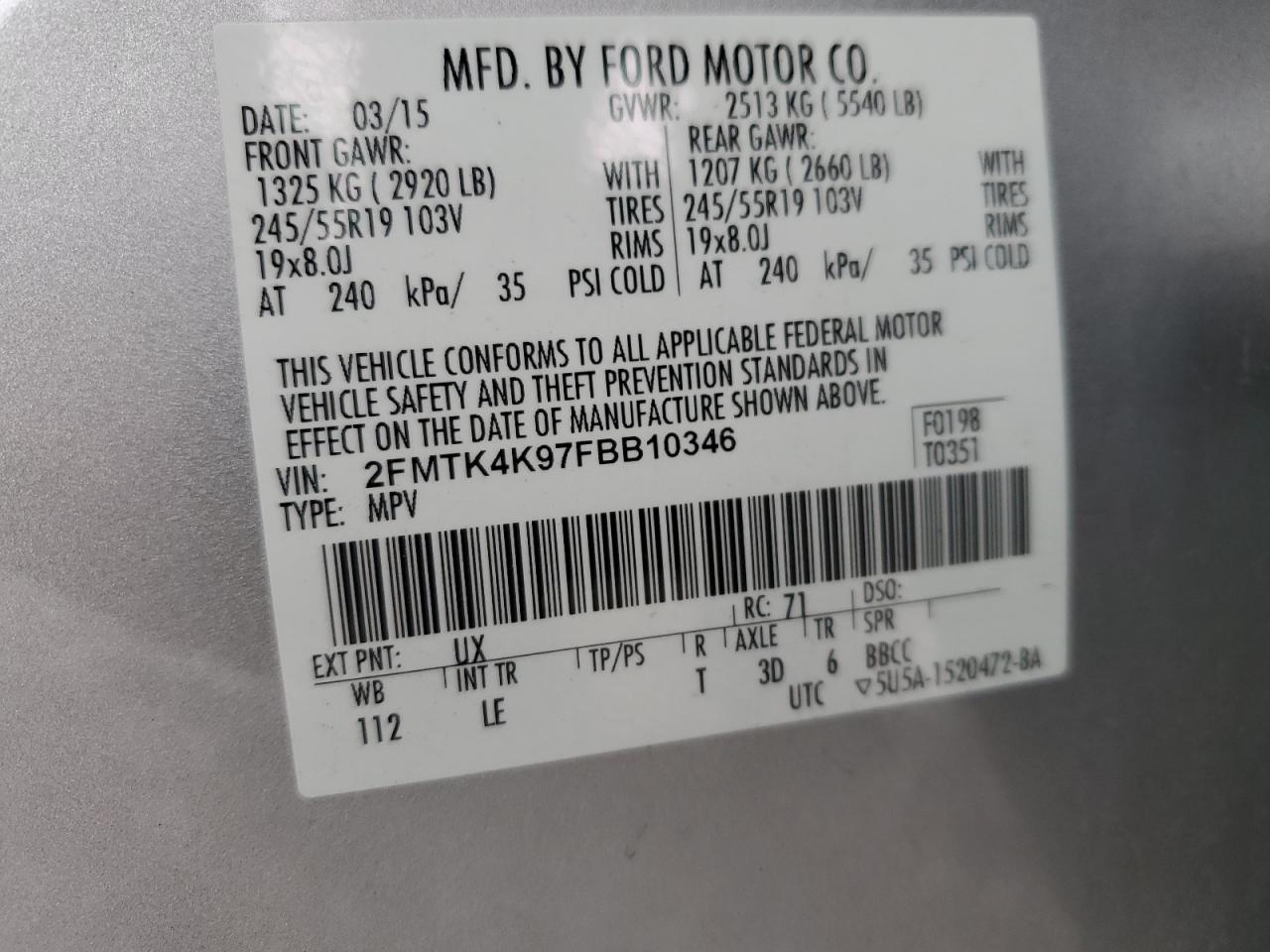 2015 Ford Edge Titanium VIN: 2FMTK4K97FBB10346 Lot: 81740025