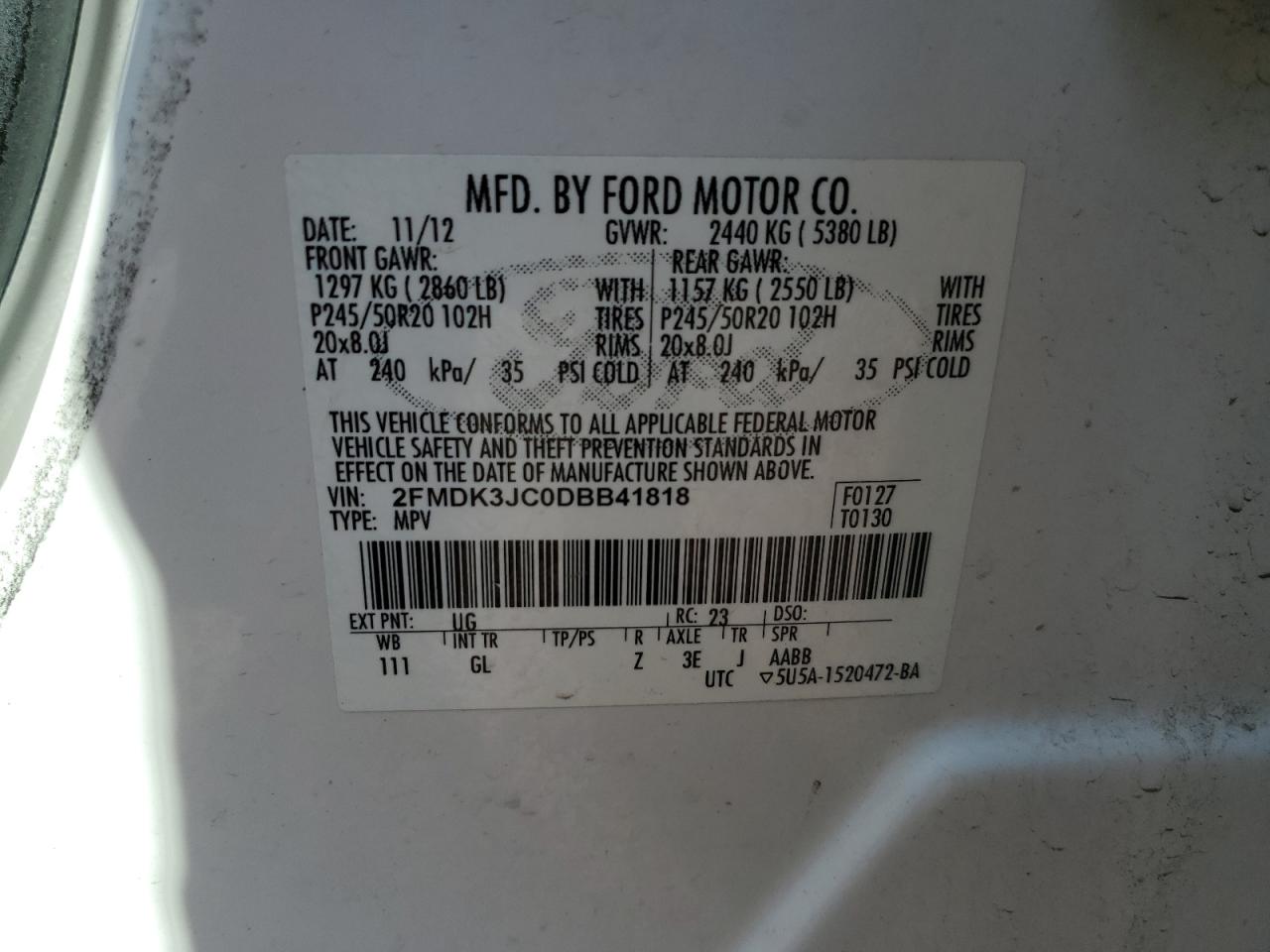 2013 Ford Edge Sel VIN: 2FMDK3JC0DBB41818 Lot: 82068215