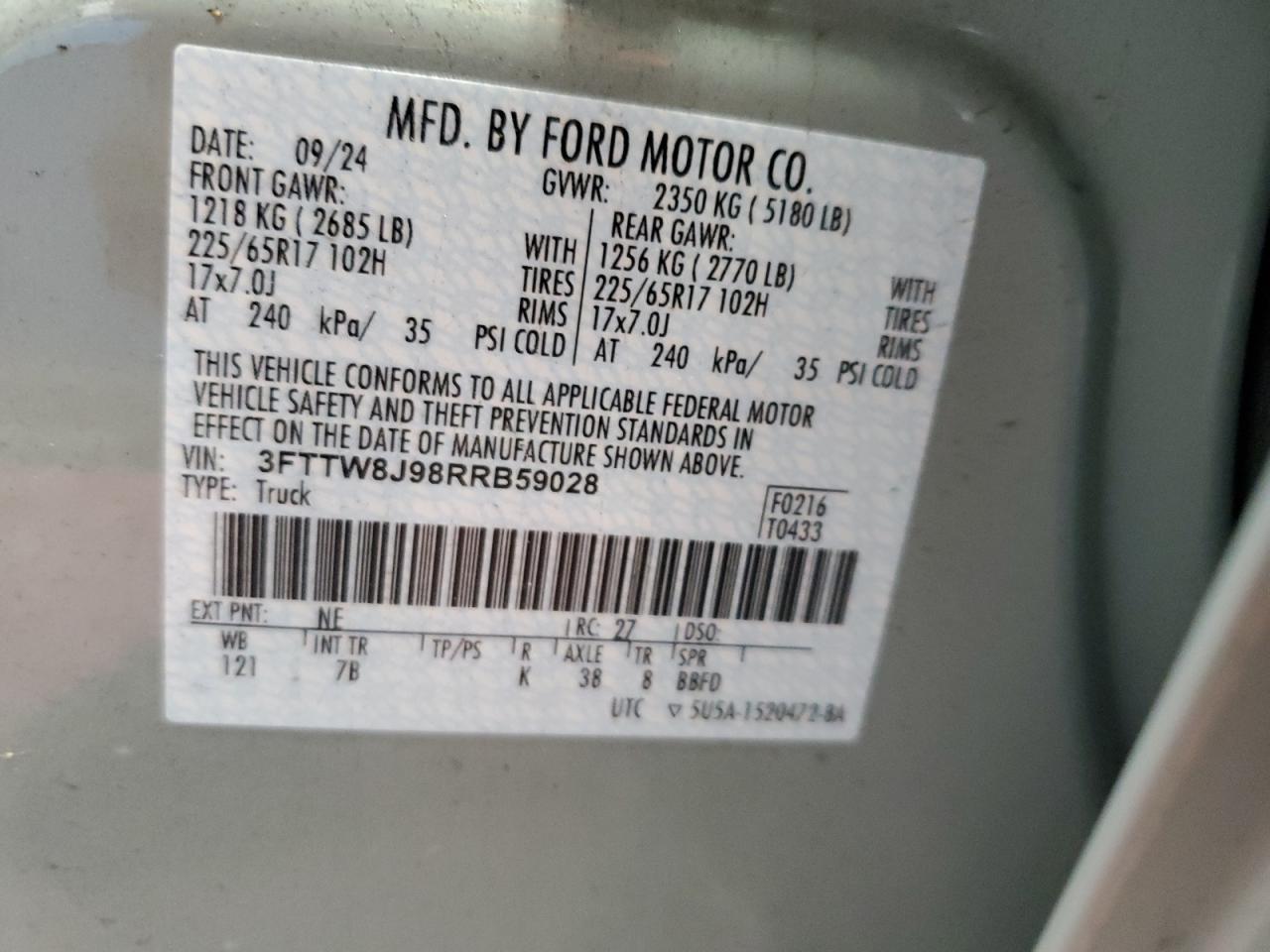 2024 Ford Maverick Xlt VIN: 3FTTW8J98RRB59028 Lot: 81421985