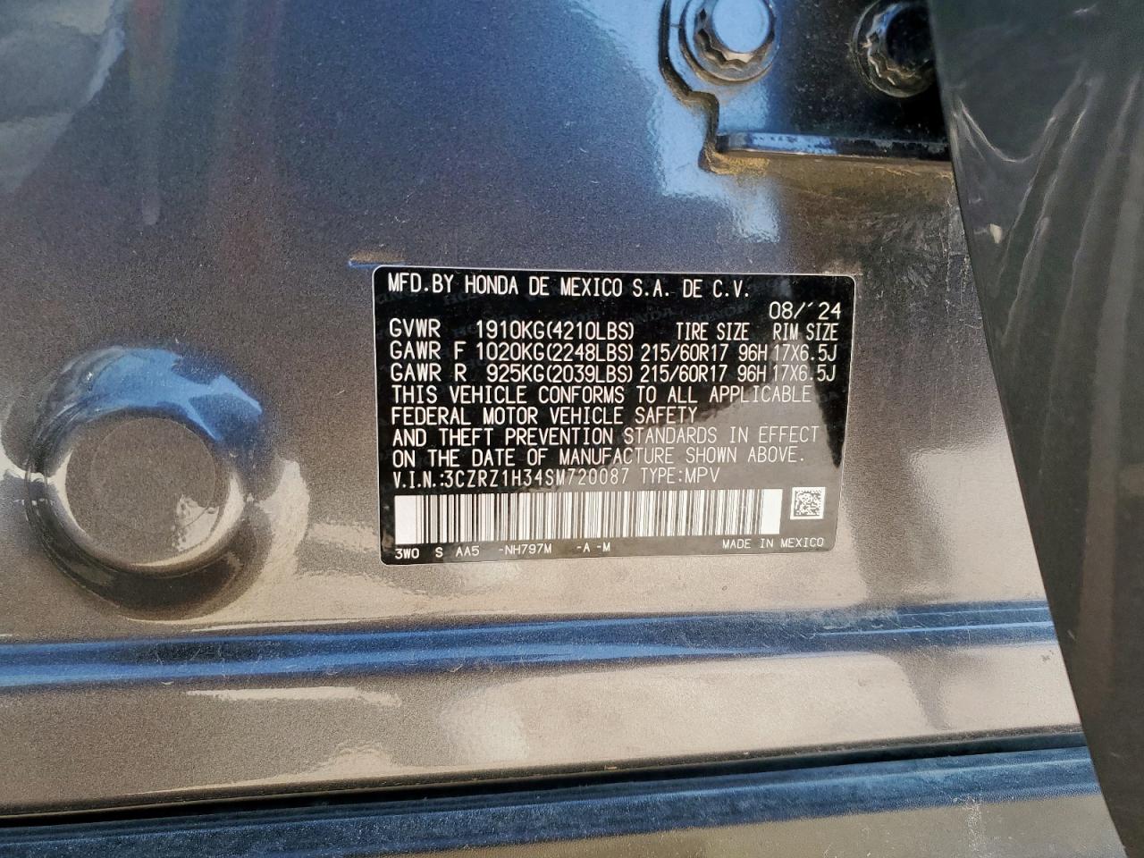 2025 Honda Hr-V Lx VIN: 3CZRZ1H34SM720087 Lot: 80543715