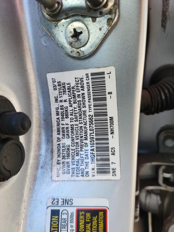 2007 Honda Civic Lx VIN: 1HGFA16597L075662 Lot: 71789305