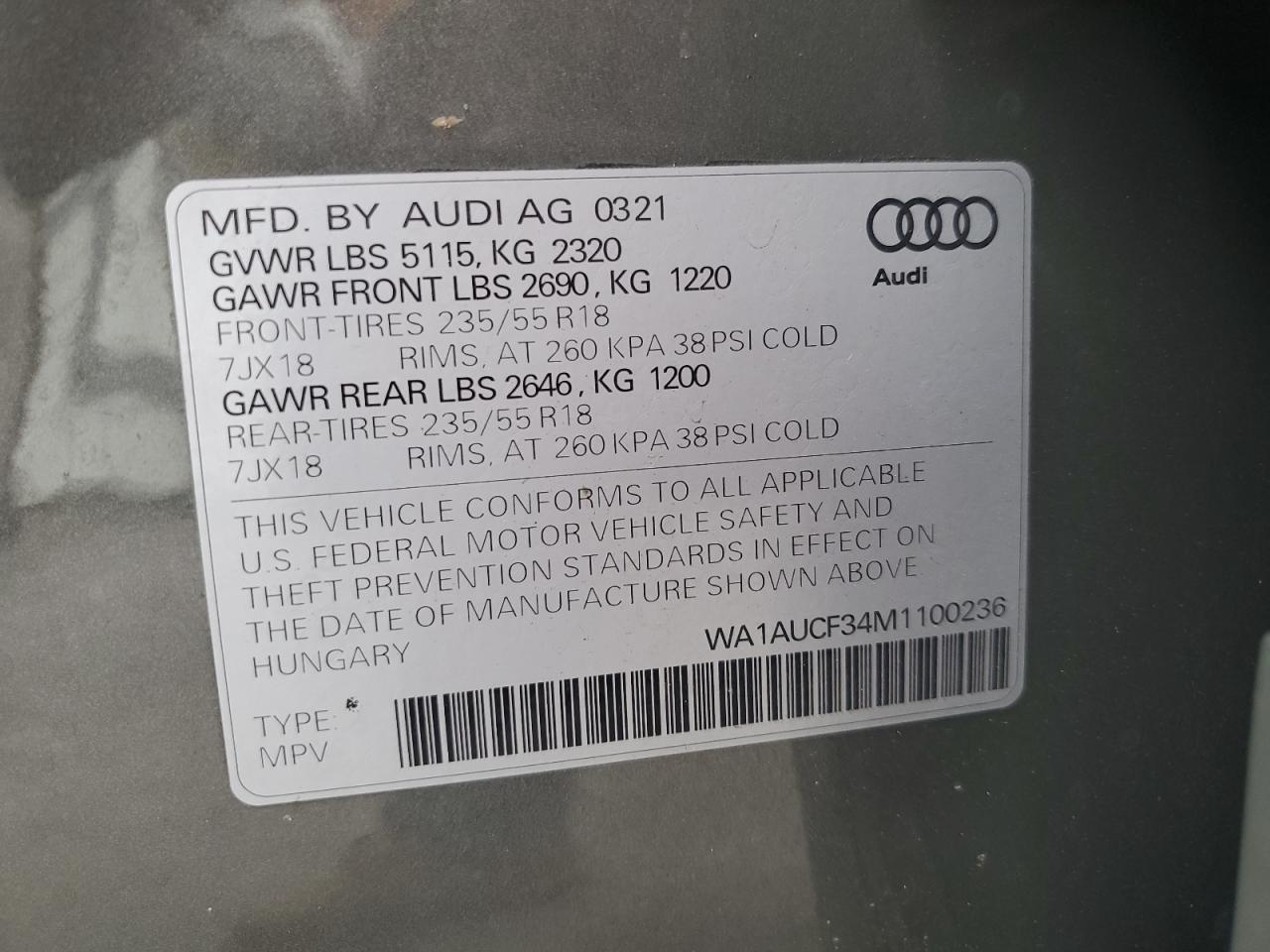 2021 Audi Q3 Premium 40 VIN: WA1AUCF34M1100236 Lot: 81384185