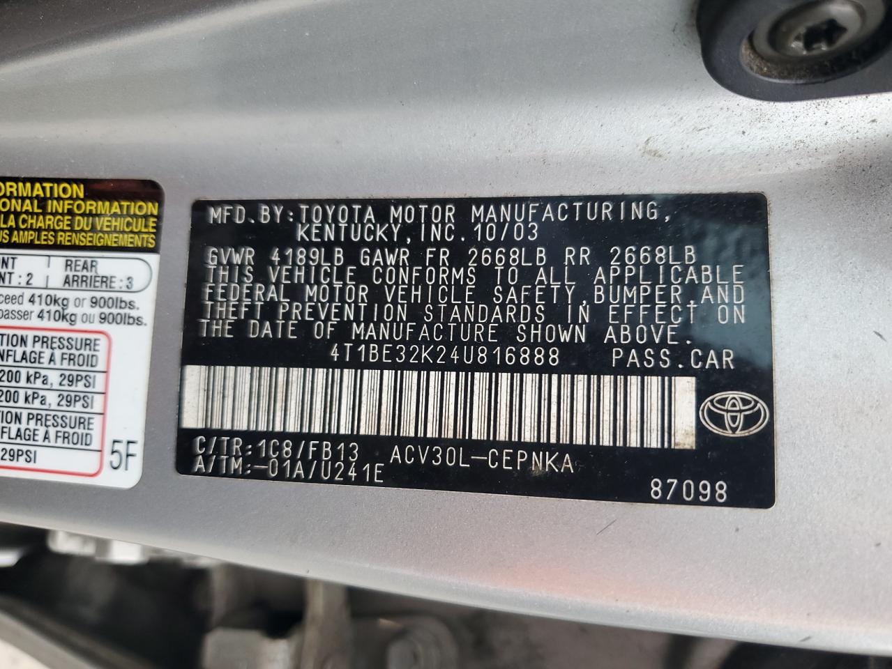 2004 Toyota Camry Le VIN: 4T1BE32K24U816888 Lot: 70691535