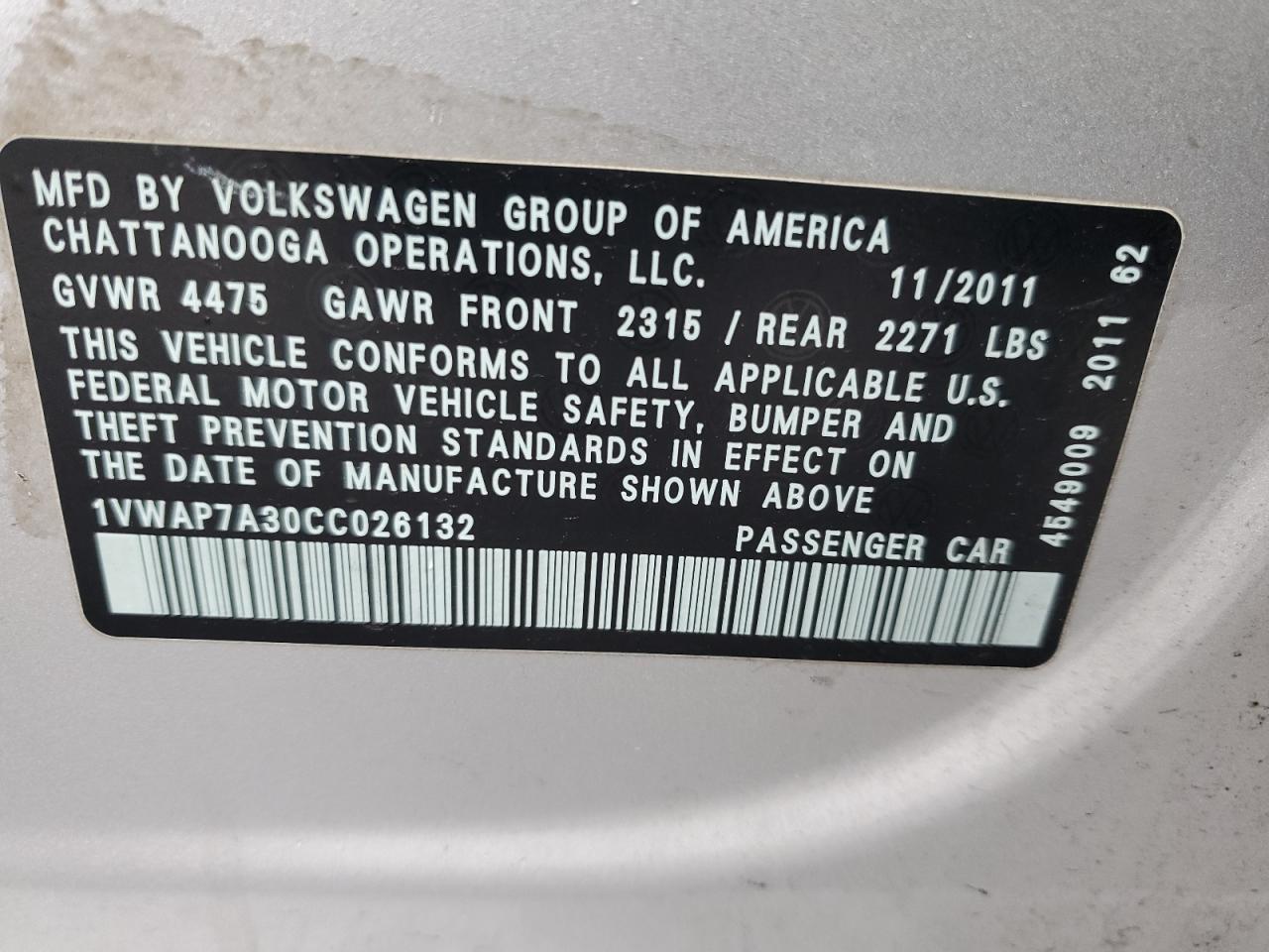 2012 Volkswagen Passat S VIN: 1VWAP7A30CC026132 Lot: 80102465