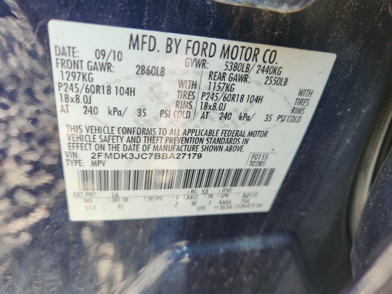 2011 Ford Edge Sel VIN: 2FMDK3JC7BBA27179 Lot: 80702275