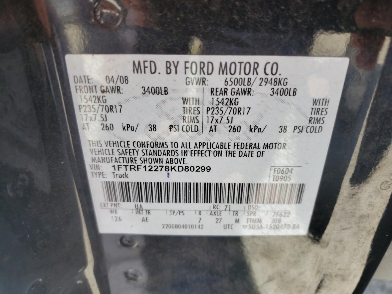 2008 Ford F150 VIN: 1FTRF12278KD80299 Lot: 71289385