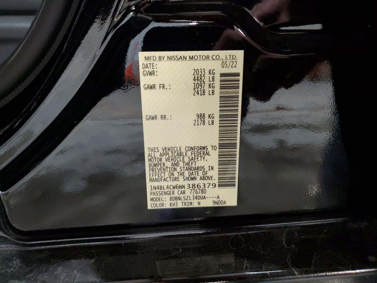 2022 Nissan Altima Sr VIN: 1N4BL4CW6NN386379 Lot: 72068515