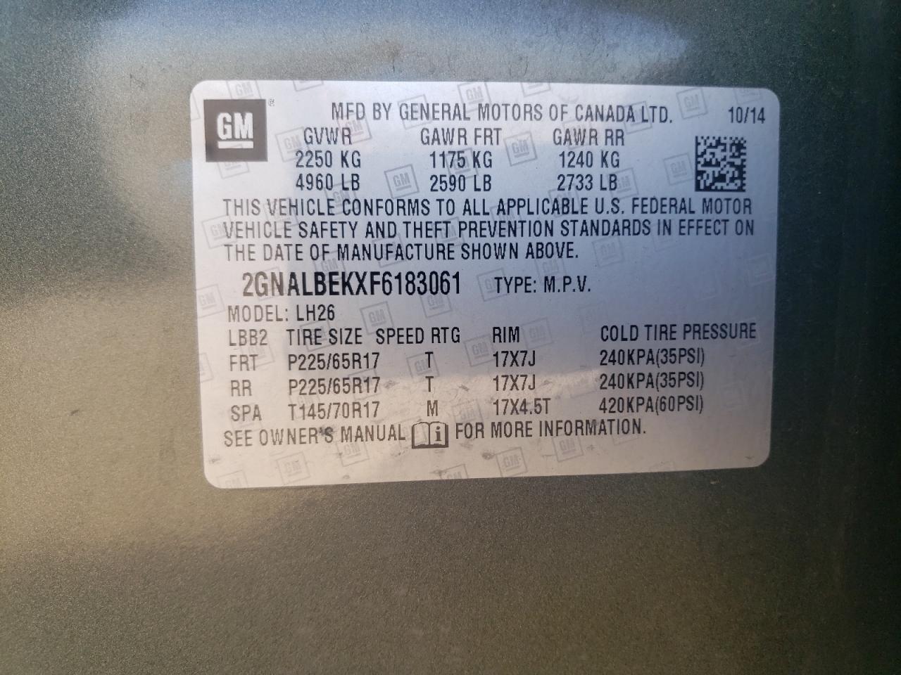 2015 Chevrolet Equinox Lt VIN: 2GNALBEKXF6183061 Lot: 81101735