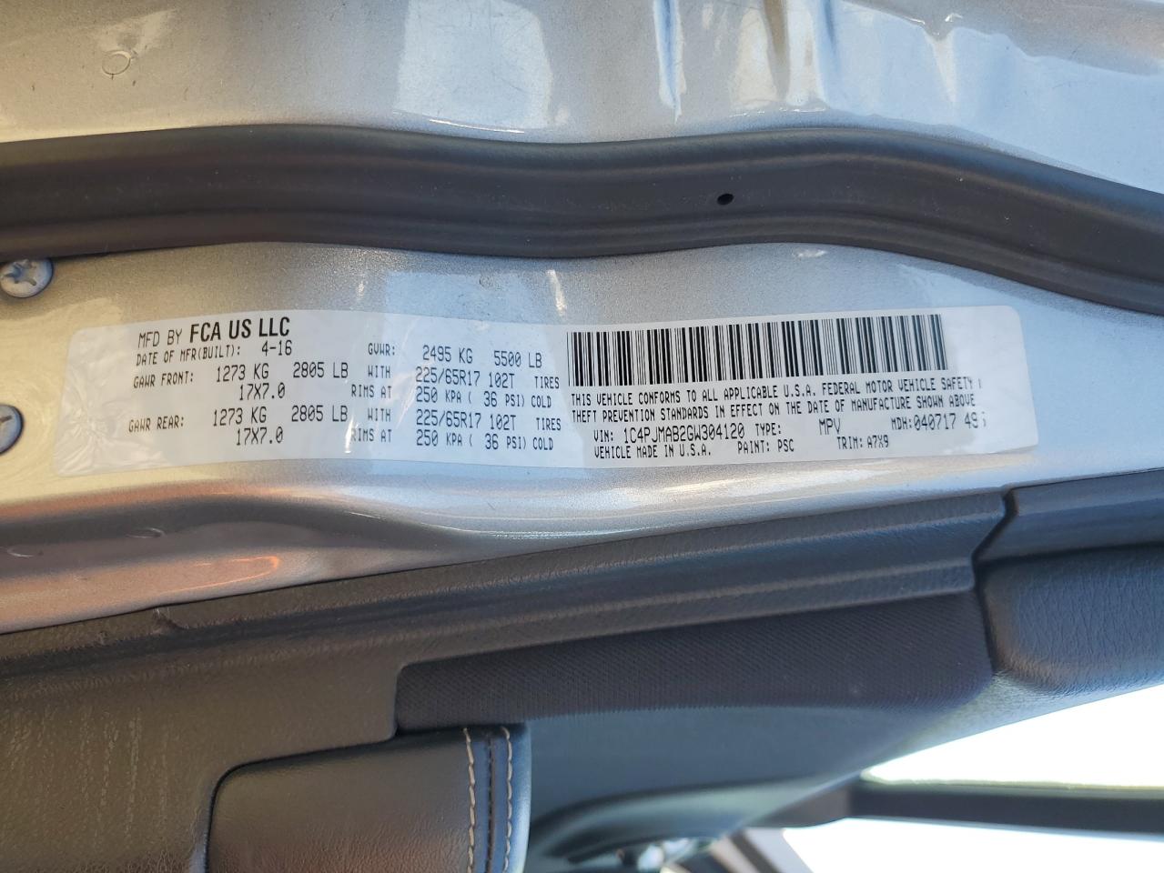 2016 Jeep Cherokee Sport VIN: 1C4PJMAB2GW304120 Lot: 71434475