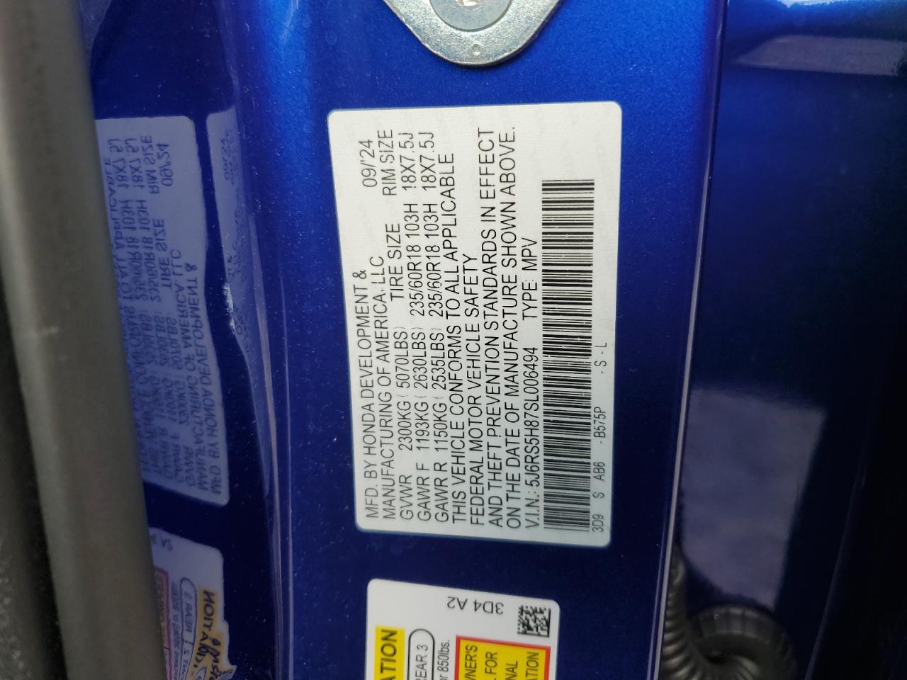 2025 Honda Cr-V Sport-L VIN: 5J6RS5H87SL006494 Lot: 84387885