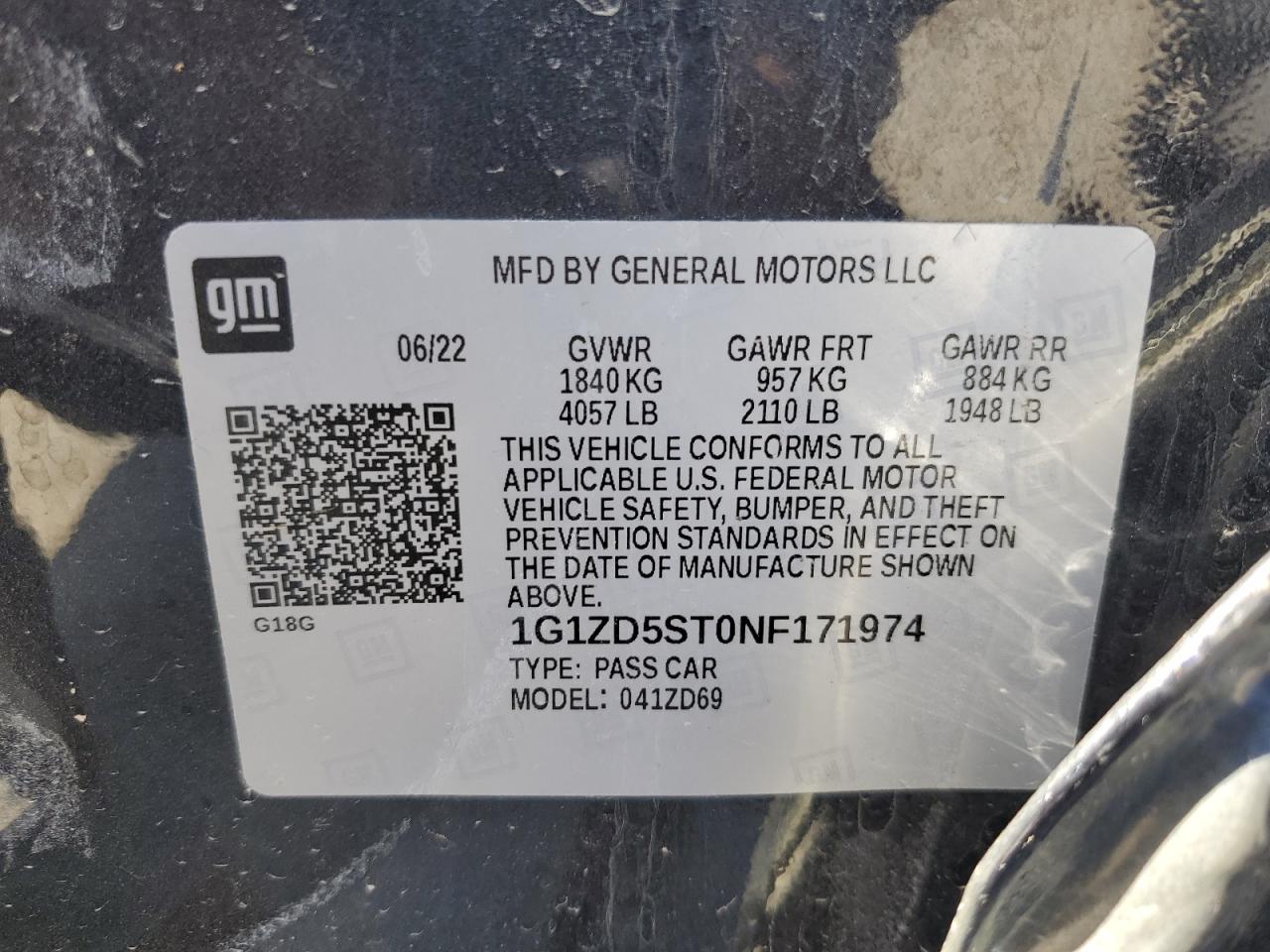 2022 Chevrolet Malibu Lt VIN: 1G1ZD5ST0NF171974 Lot: 84188215