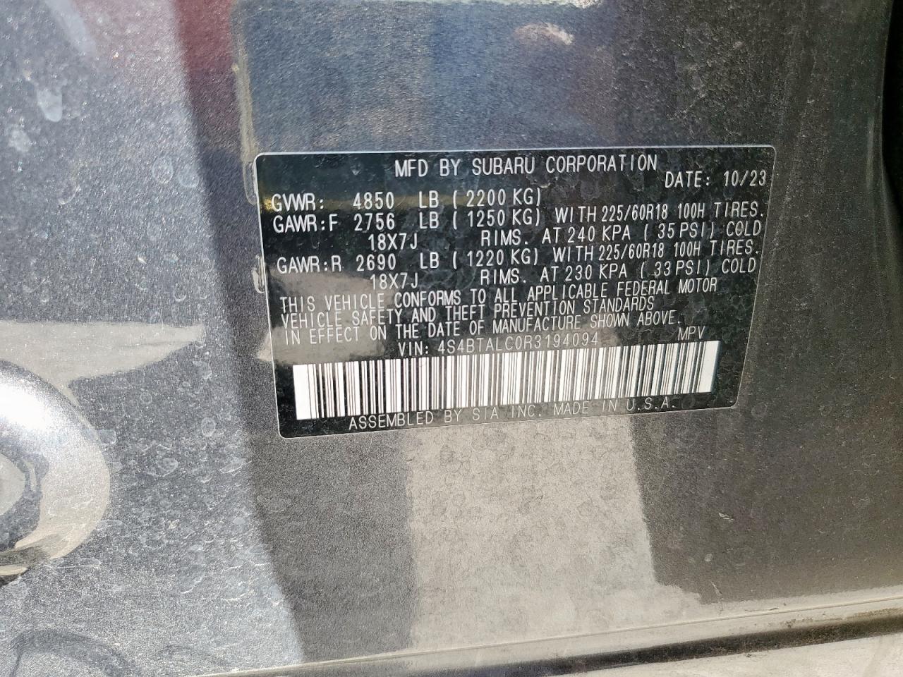 2024 Subaru Outback Onyx Edition VIN: 4S4BTALC0R3194094 Lot: 84360805