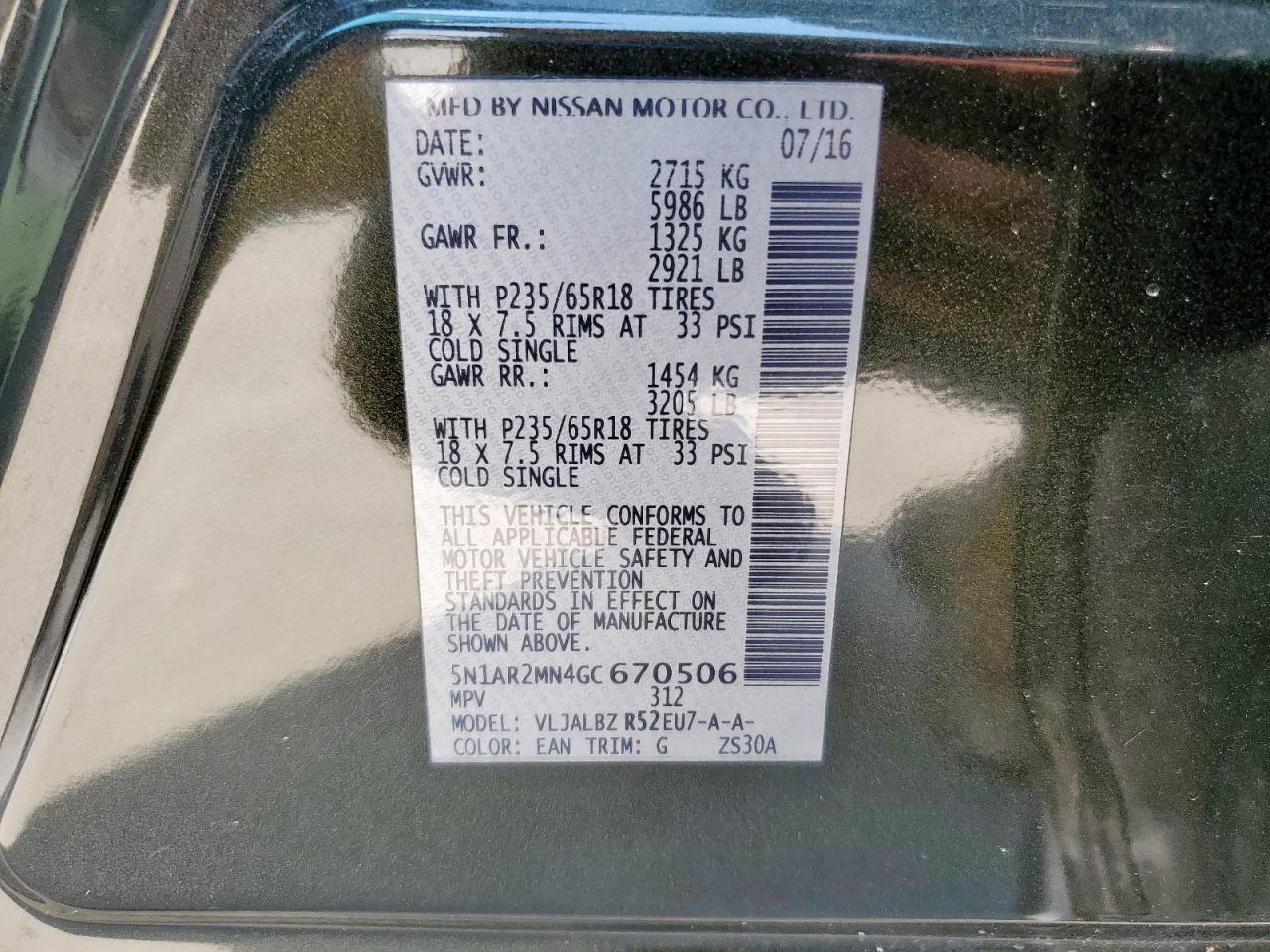 2016 Nissan Pathfinder S VIN: 5N1AR2MN4GC670506 Lot: 71744535