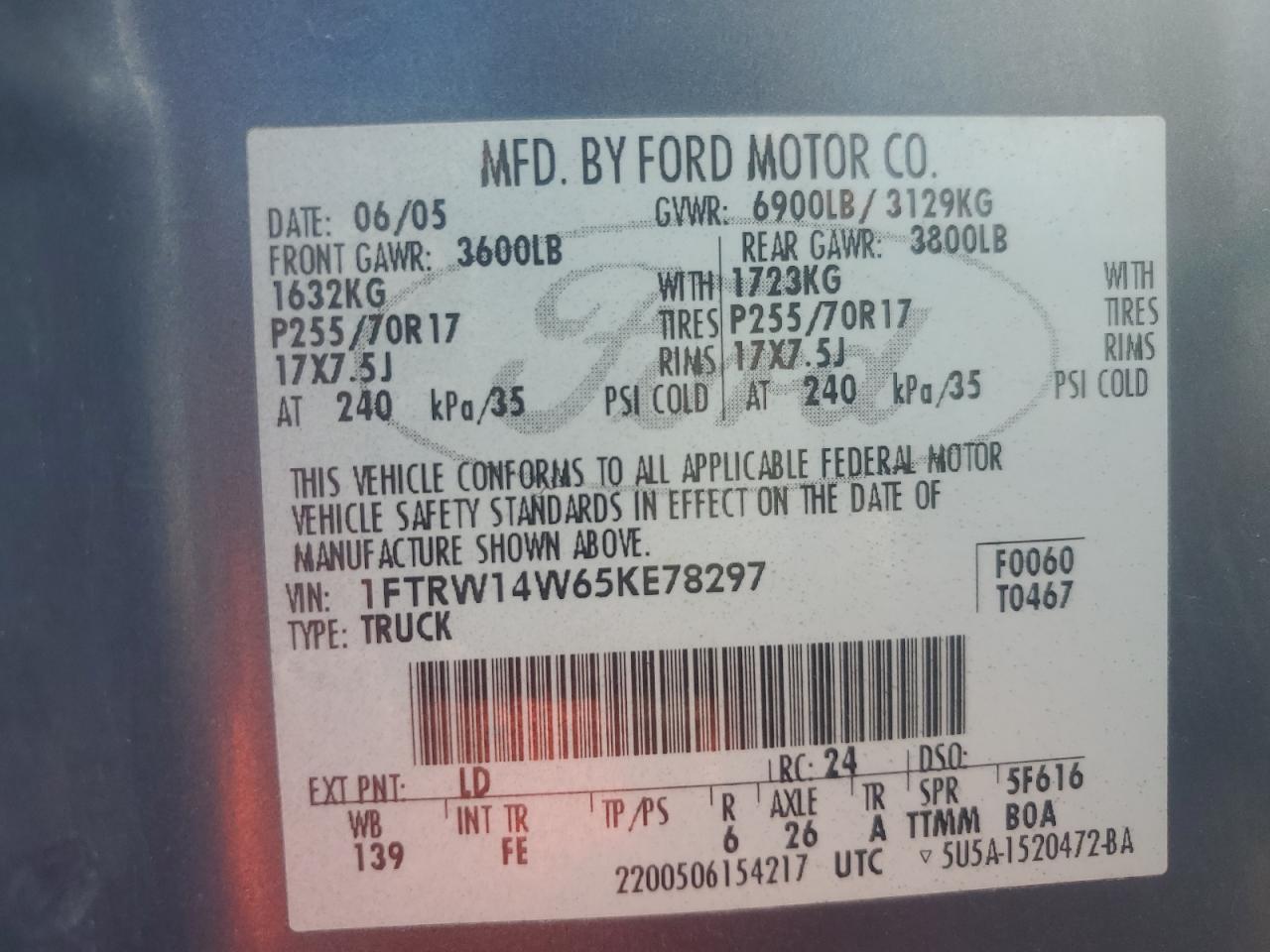 2005 Ford F150 Supercrew VIN: 1FTRW14W65KE78297 Lot: 70839805