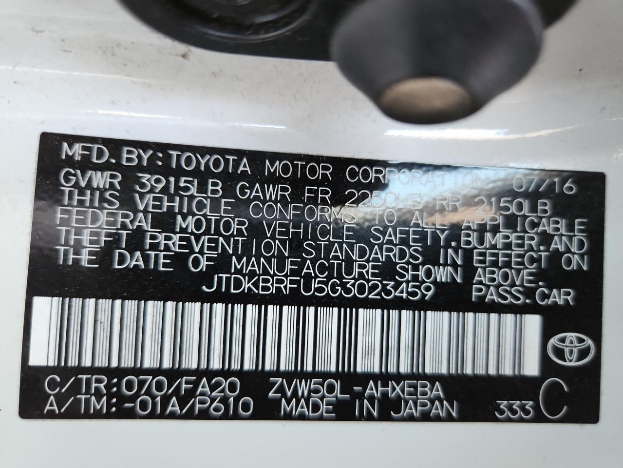 2016 Toyota Prius VIN: JTDKBRFU5G3023459 Lot: 80543075