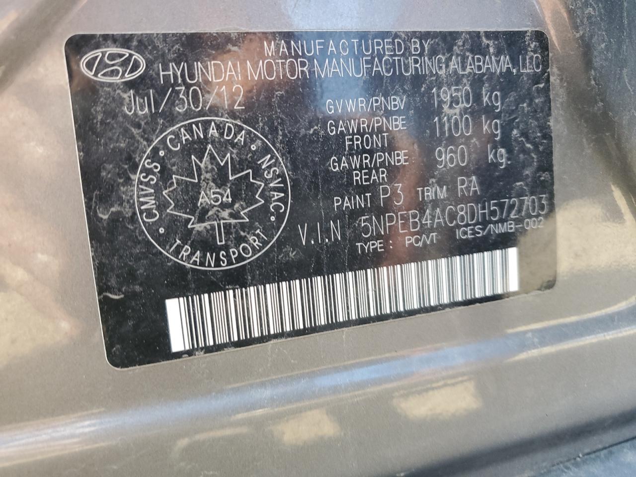 2013 Hyundai Sonata Gls VIN: 5NPEB4AC8DH572703 Lot: 81027205