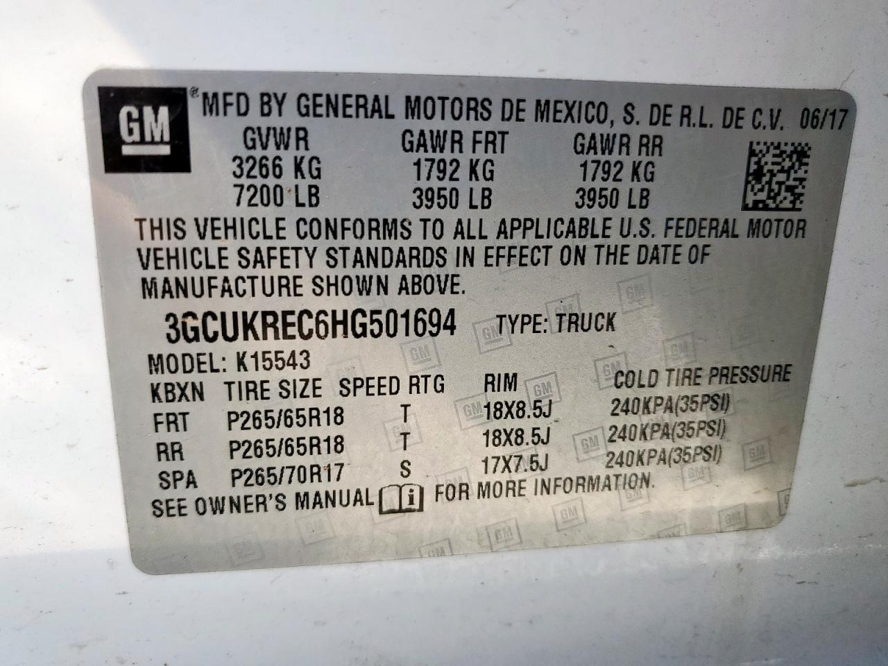 2017 Chevrolet Silverado K1500 Lt VIN: 3GCUKREC6HG501694 Lot: 71034175