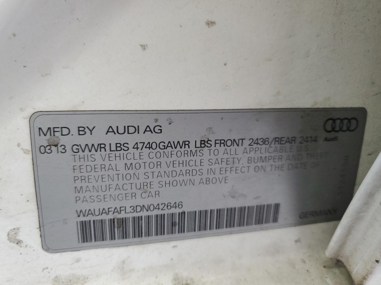 2013 Audi A4 Premium VIN: WAUAFAFL3DN042646 Lot: 71735905