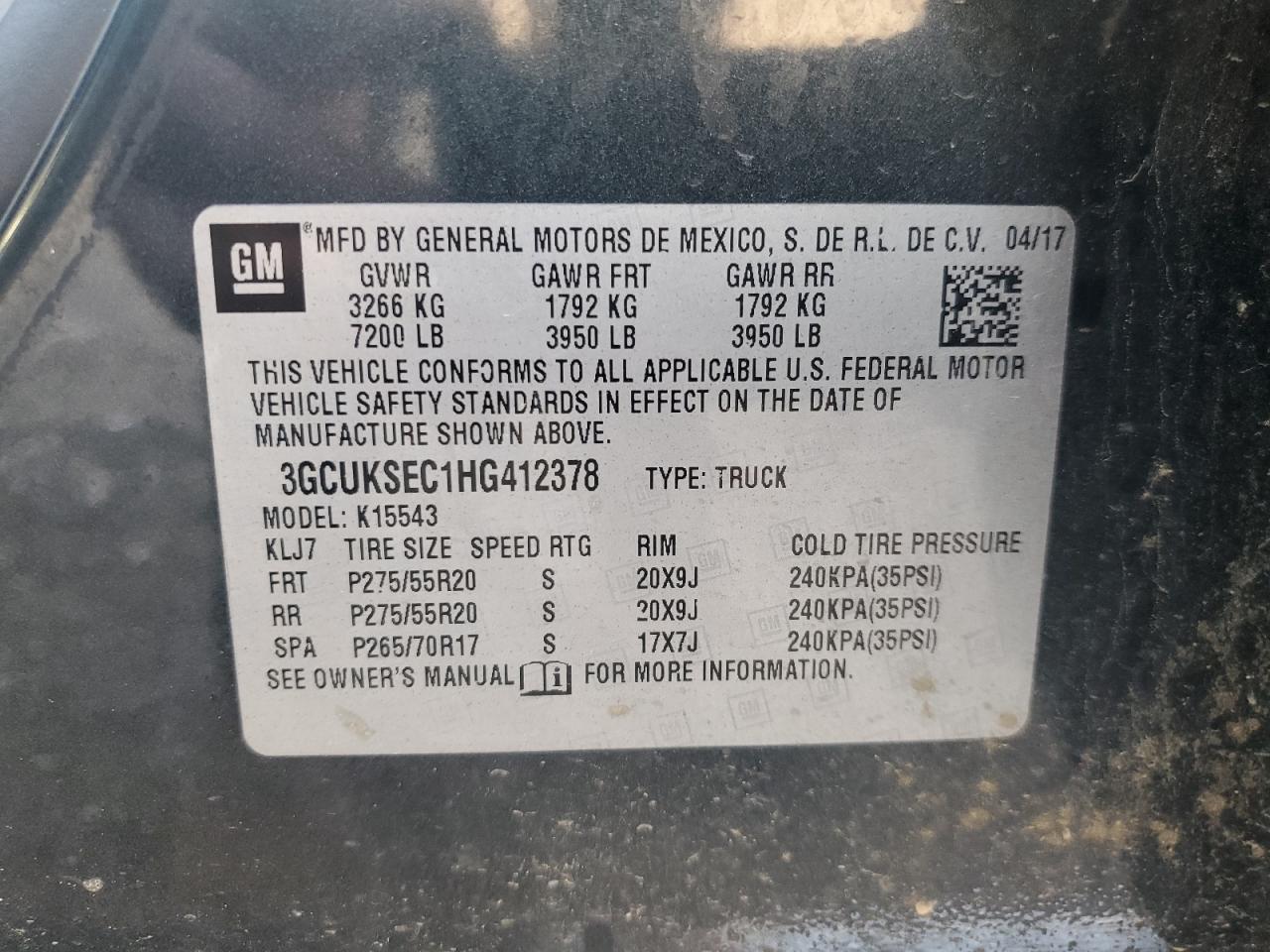 2017 Chevrolet Silverado K1500 Ltz VIN: 3GCUKSEC1HG412378 Lot: 82022295