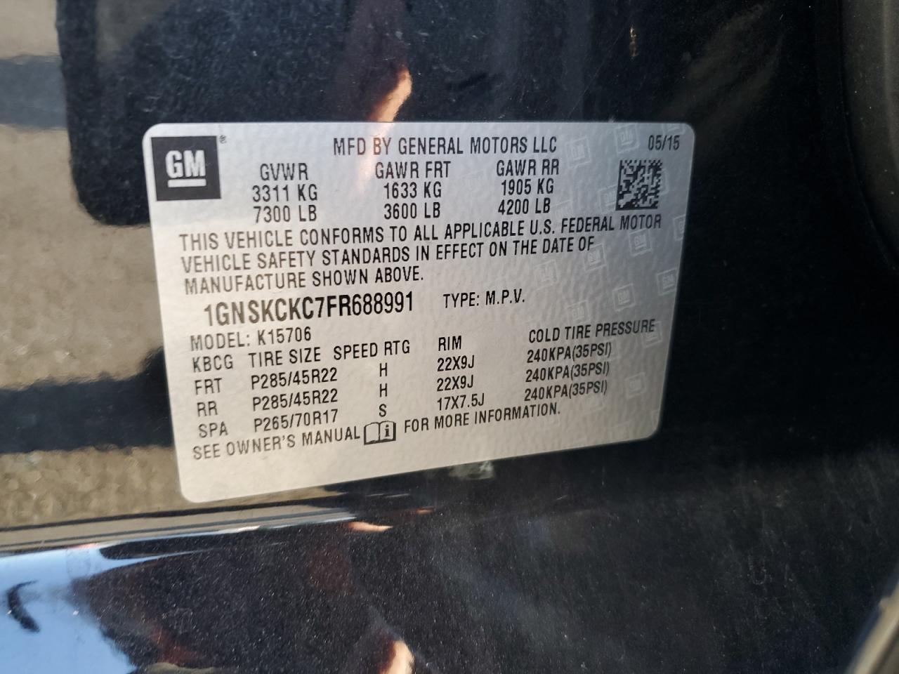 2015 Chevrolet Tahoe K1500 Ltz VIN: 1GNSKCKC7FR688991 Lot: 81280865