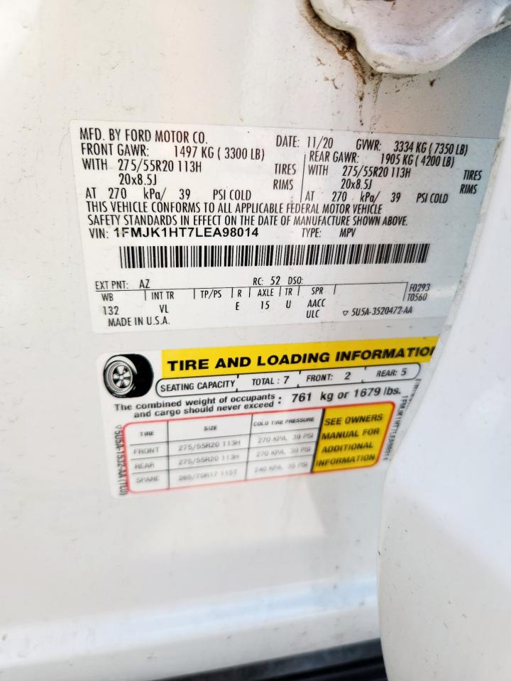 2020 Ford Expedition Max Xlt VIN: 1FMJK1HT7LEA98014 Lot: 84407395