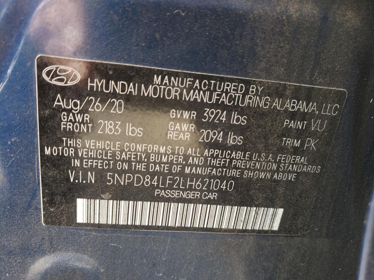 2020 Hyundai Elantra Sel VIN: 5NPD84LF2LH621040 Lot: 84269605