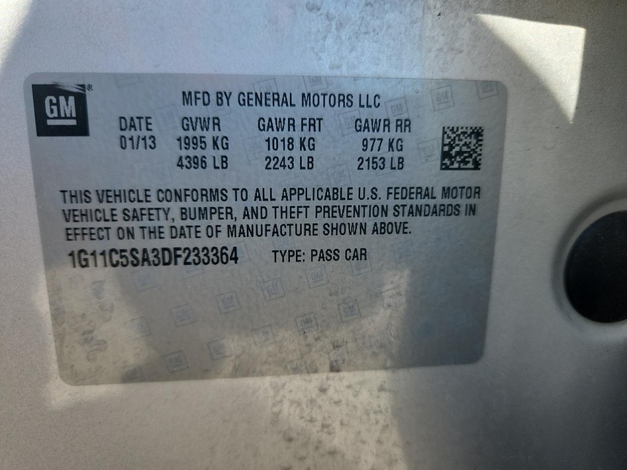 2013 Chevrolet Malibu 1Lt VIN: 1G11C5SA3DF233364 Lot: 82069175