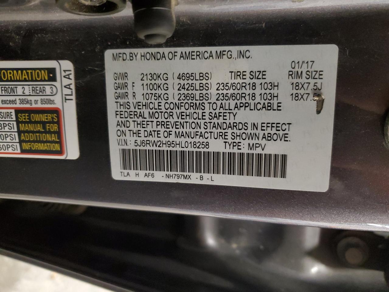 2017 Honda Cr-V Touring VIN: 5J6RW2H95HL018258 Lot: 81239155