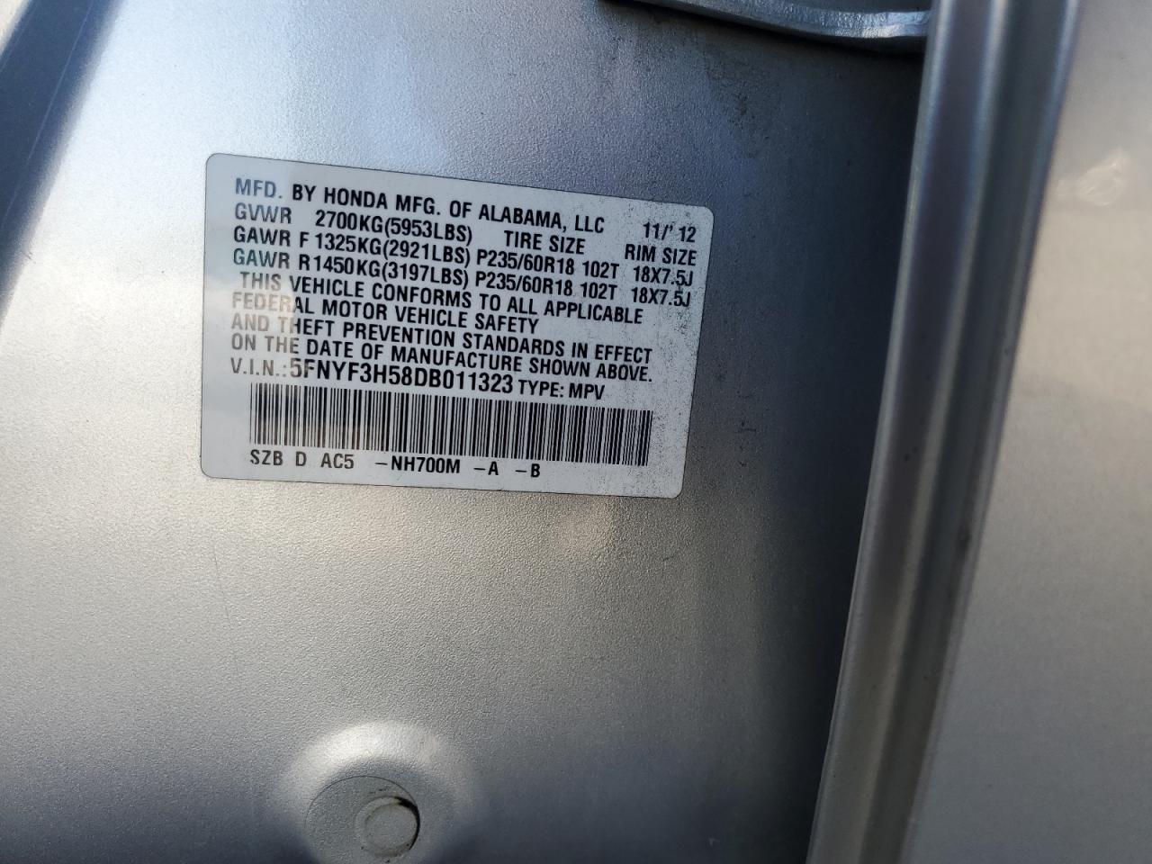 2013 Honda Pilot Exl VIN: 5FNYF3H58DB011323 Lot: 71790325