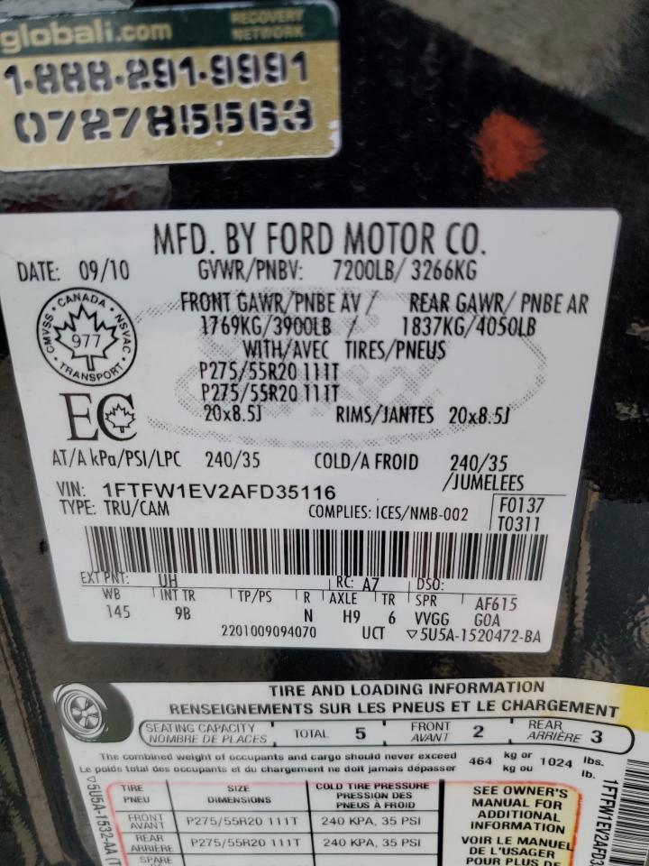 2010 Ford F150 Supercrew VIN: 1FTFW1EV2AFD35116 Lot: 81392305