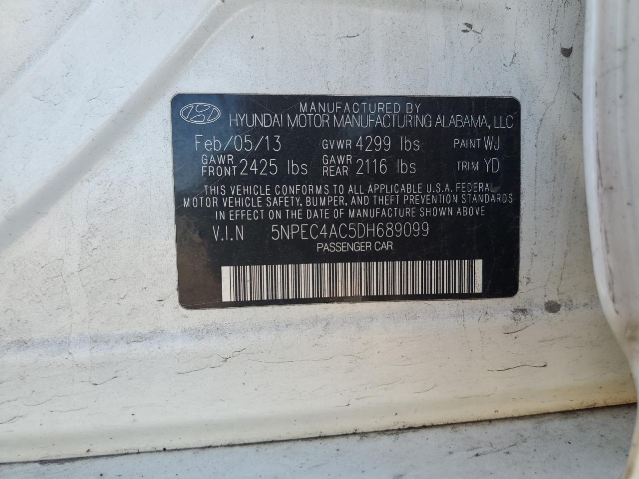 2013 Hyundai Sonata Se VIN: 5NPEC4AC5DH689099 Lot: 83838595