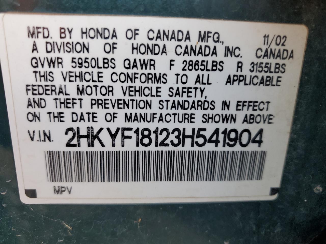 2003 Honda Pilot Lx VIN: 2HKYF18123H541904 Lot: 84000695