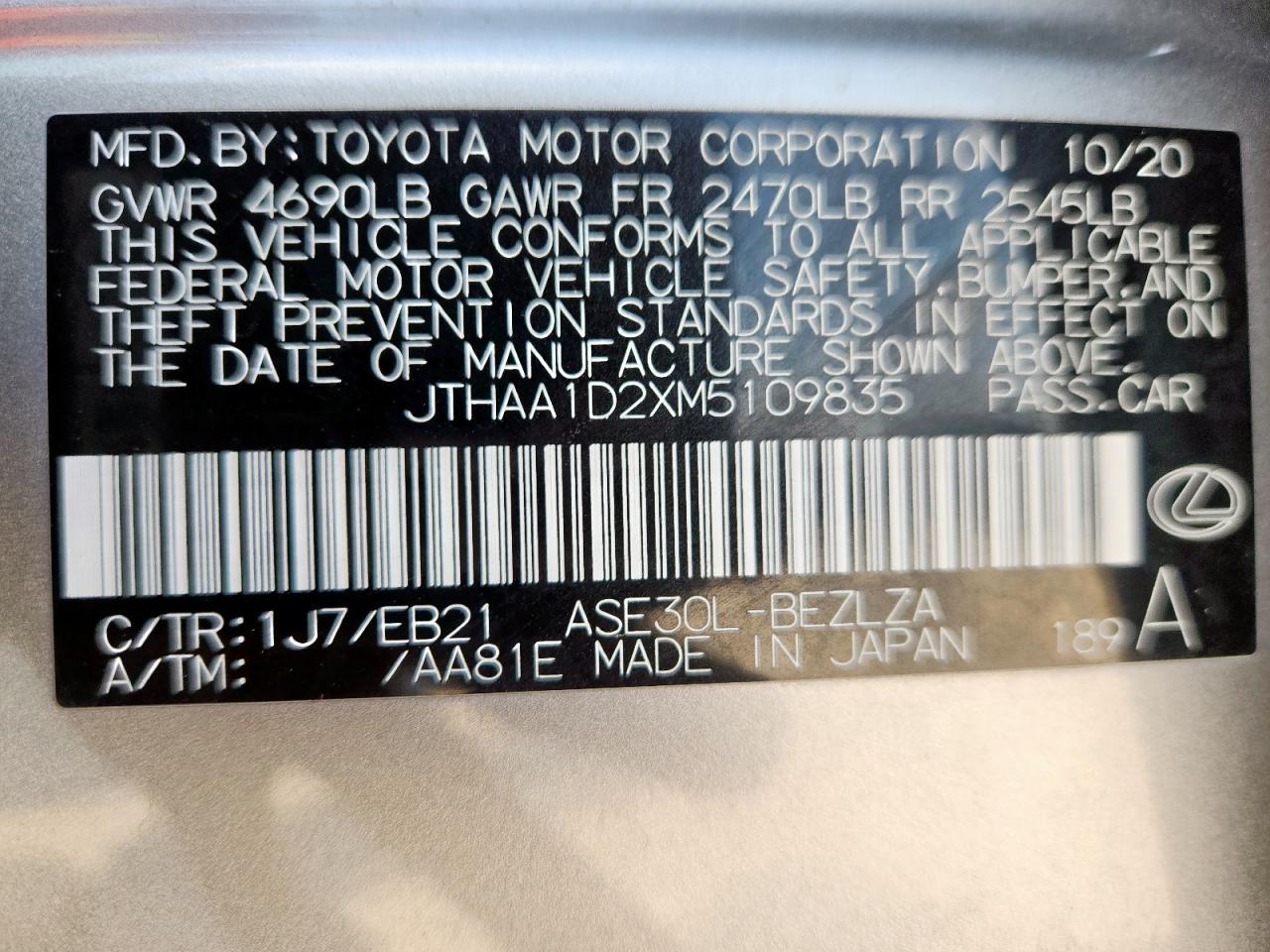 2021 Lexus Is 300 VIN: JTHAA1D2XM5109835 Lot: 81479965