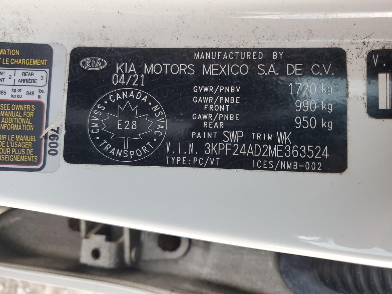 2021 Kia Forte Fe VIN: 3KPF24AD2ME363524 Lot: 84399955