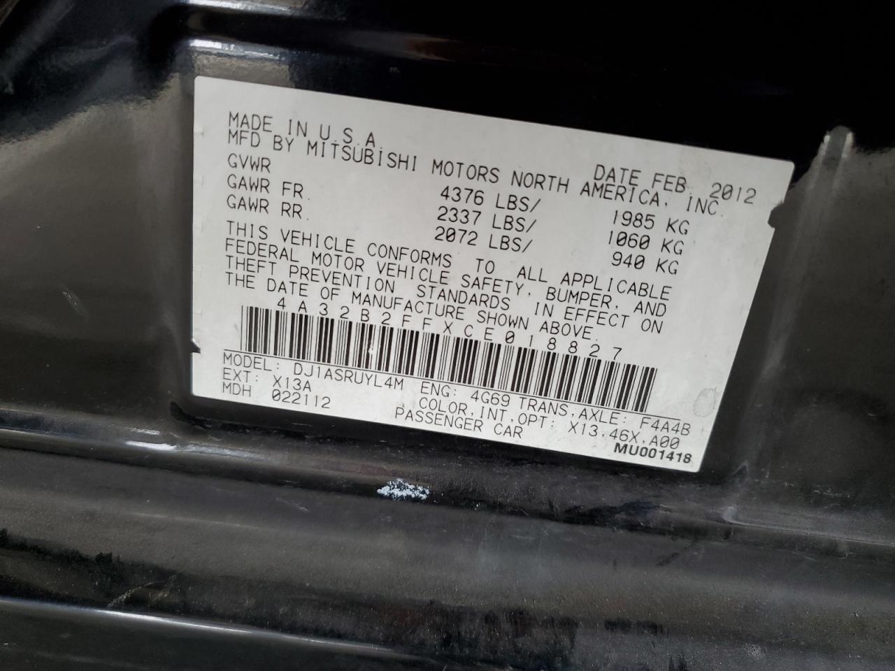 2012 Mitsubishi Galant Fe VIN: 4A32B2FFXCE018827 Lot: 70880595