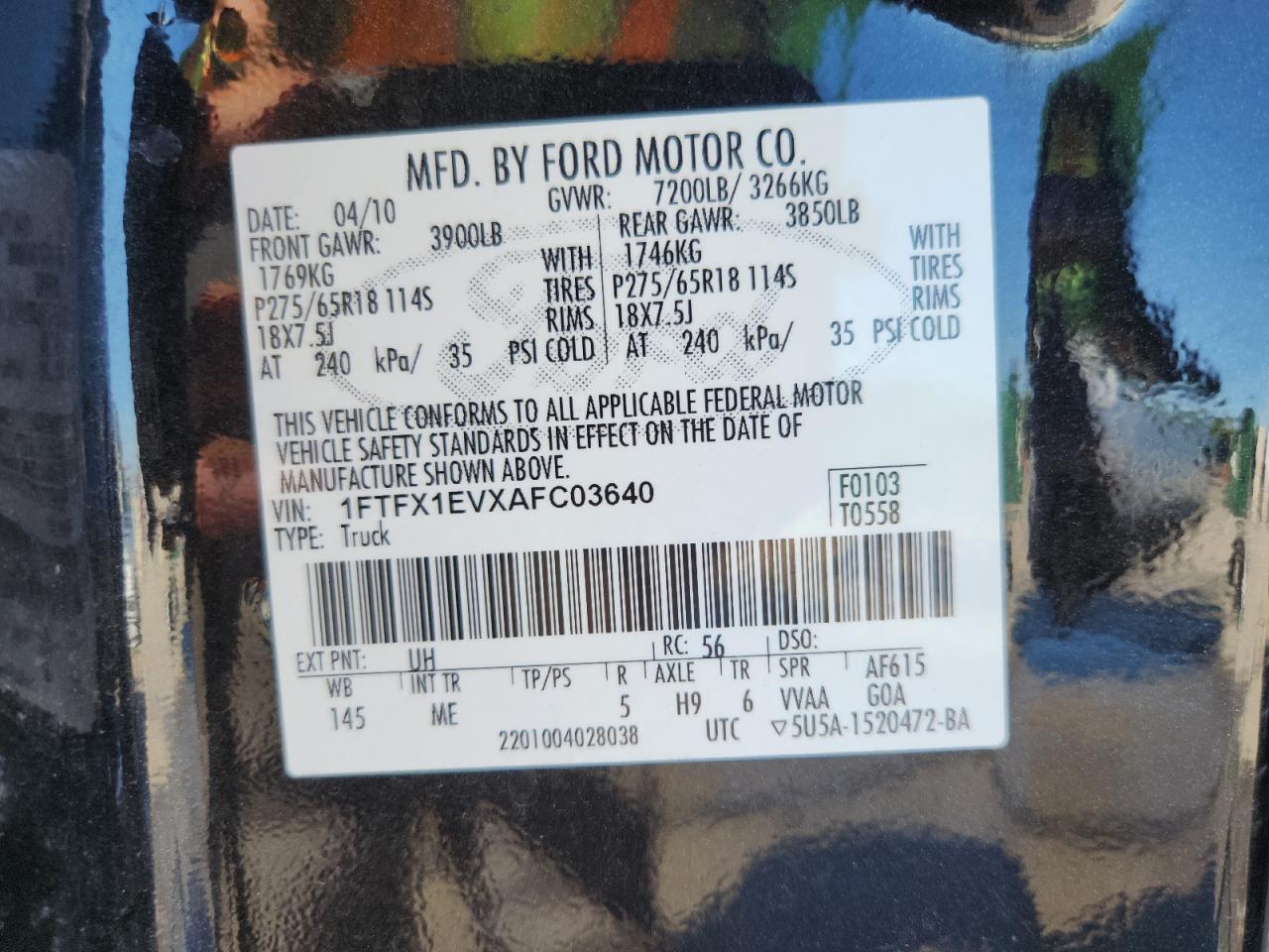2010 Ford F150 Super Cab VIN: 1FTFX1EVXAFC03640 Lot: 81298435