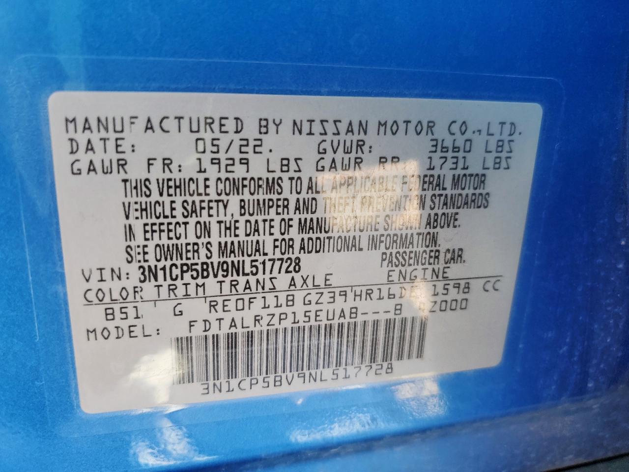 2022 Nissan Kicks S VIN: 3N1CP5BV9NL517728 Lot: 72002535