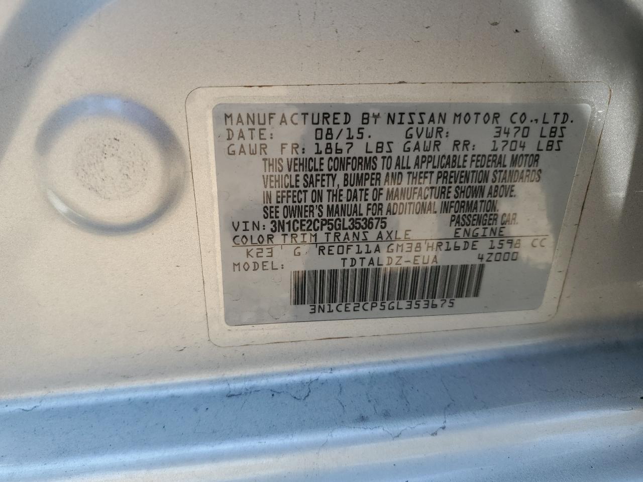 2016 Nissan Versa Note S VIN: 3N1CE2CP5GL353675 Lot: 81295715