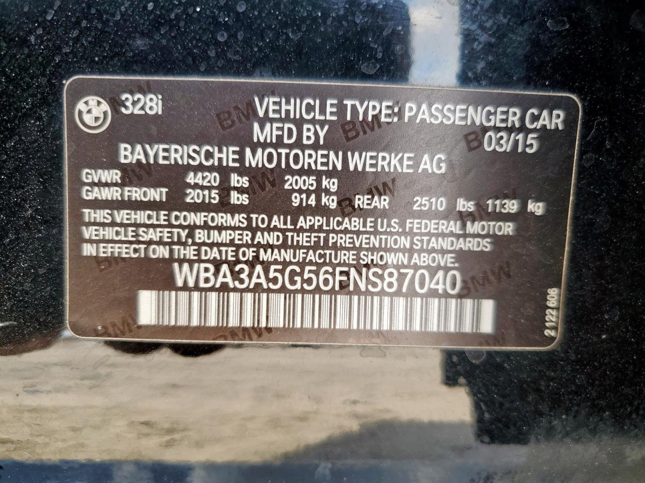 2015 BMW 328 I VIN: WBA3A5G56FNS87040 Lot: 81527095