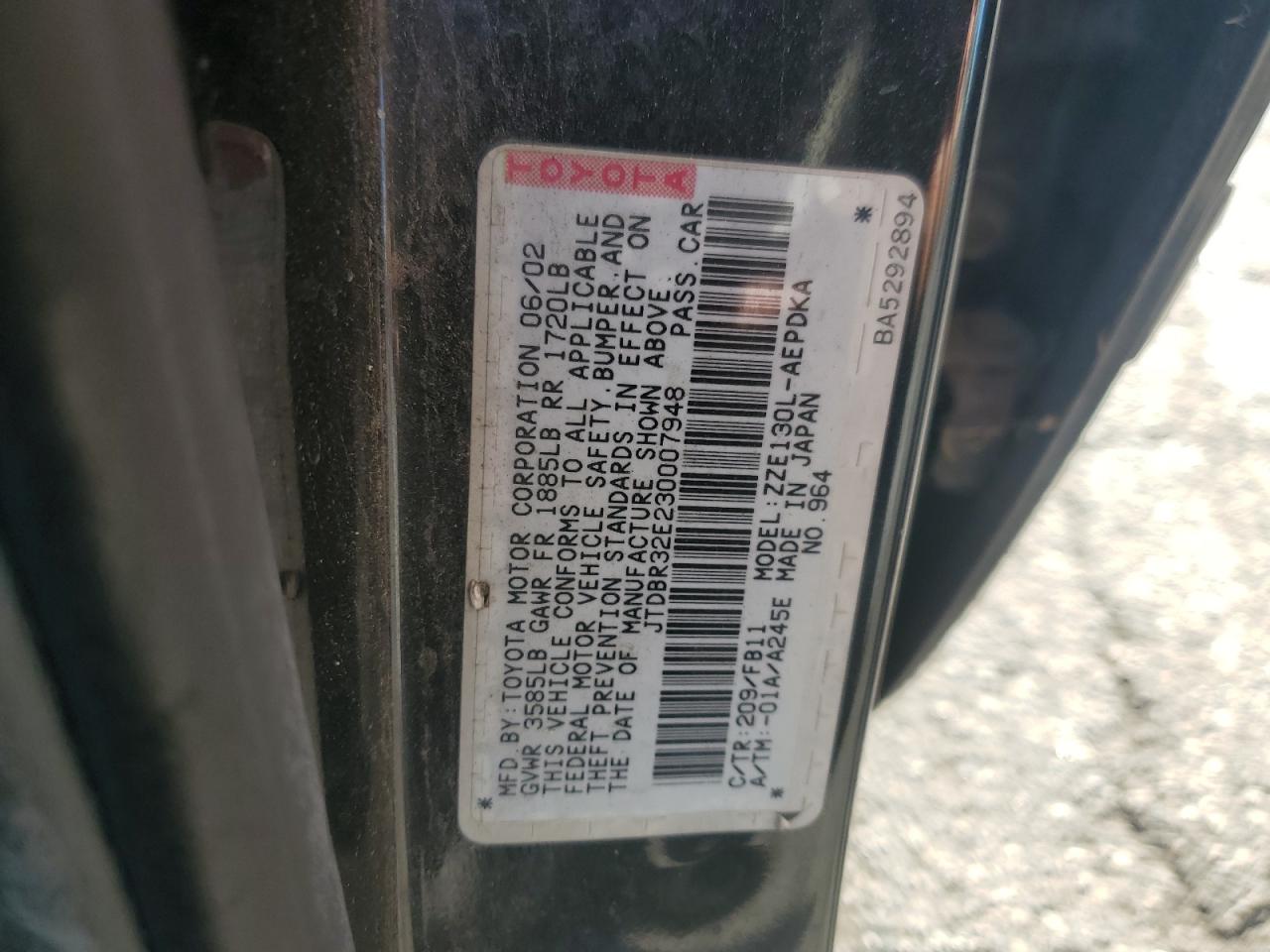 2003 Toyota Corolla Ce VIN: JTDBR32E230007948 Lot: 72032845