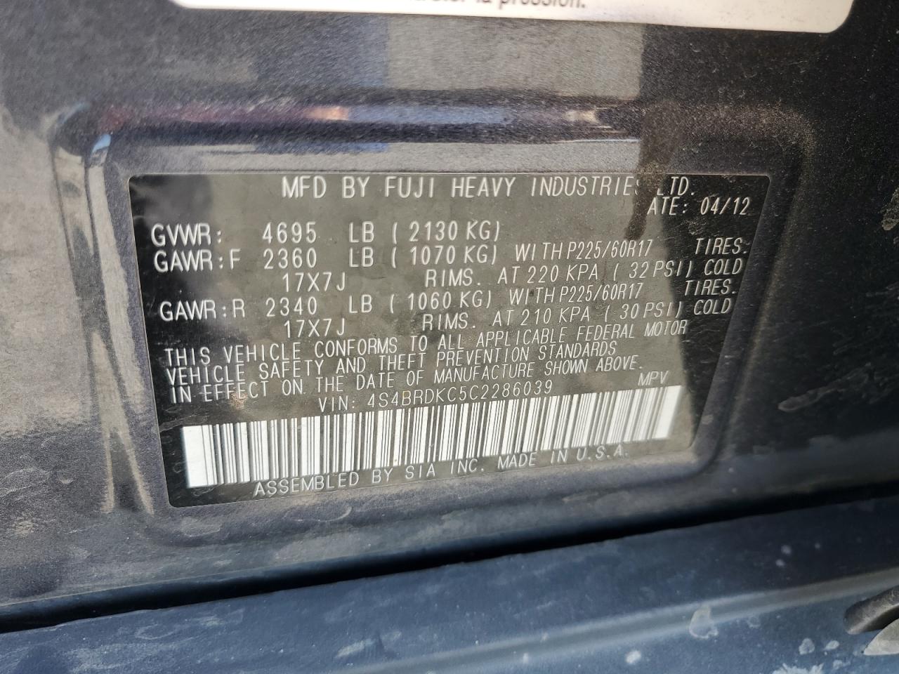 2012 Subaru Outback 3.6R Limited VIN: 4S4BRDKC5C2286039 Lot: 81257935