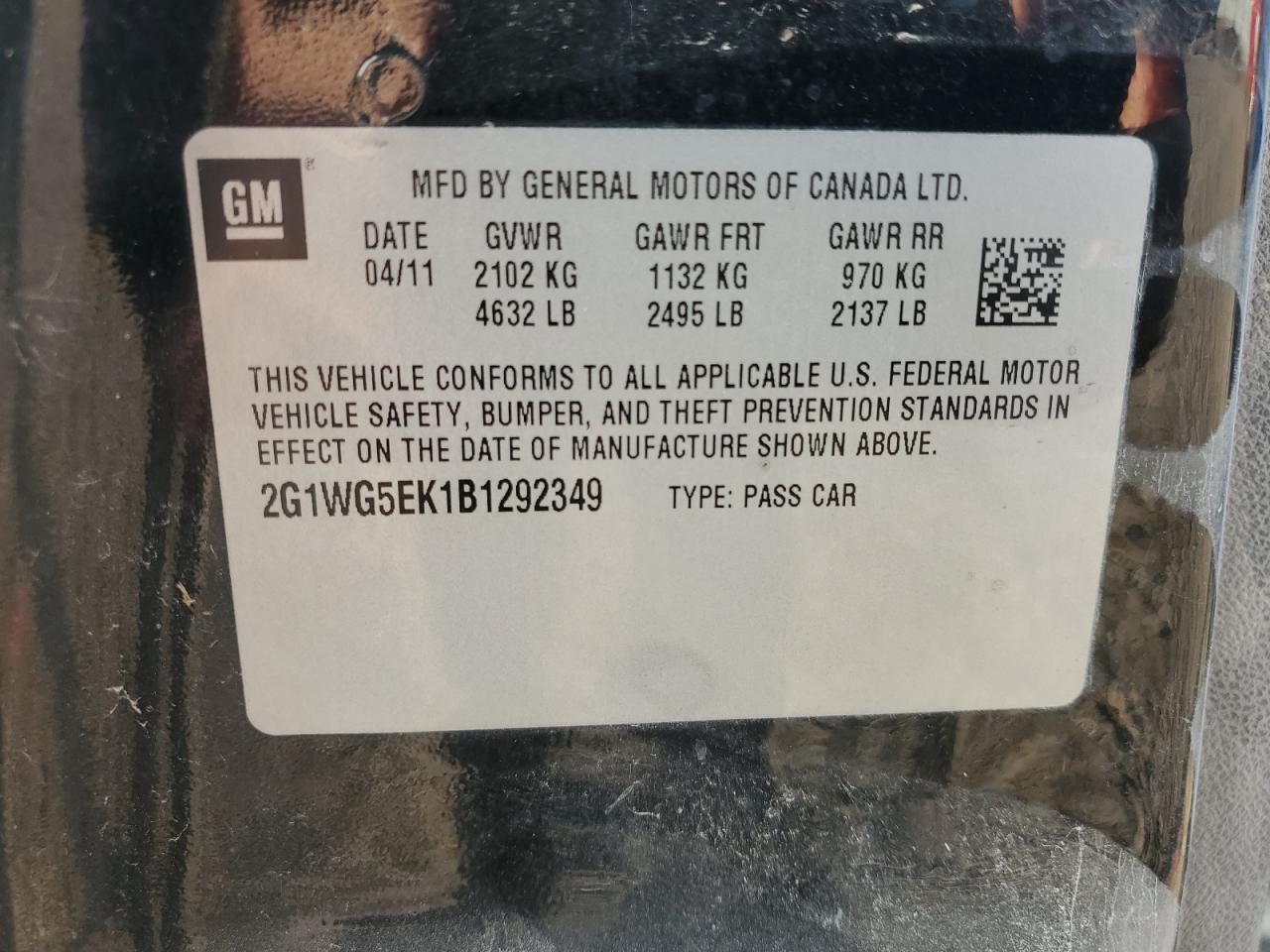 2011 Chevrolet Impala Lt VIN: 2G1WG5EK1B1292349 Lot: 71884165