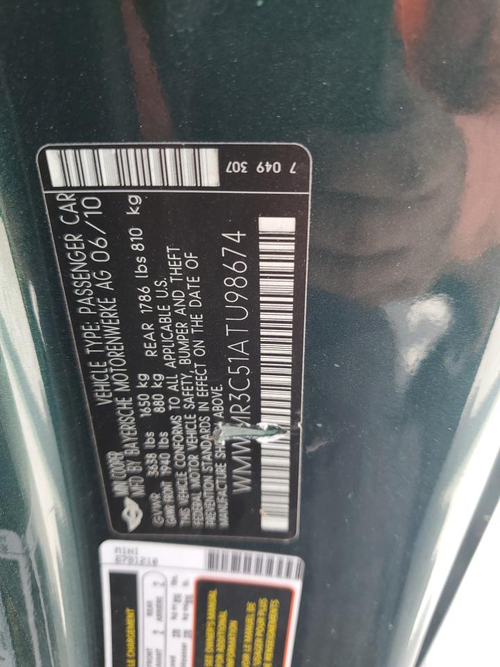2010 Mini Cooper VIN: WMWMR3C51ATU98674 Lot: 71296455