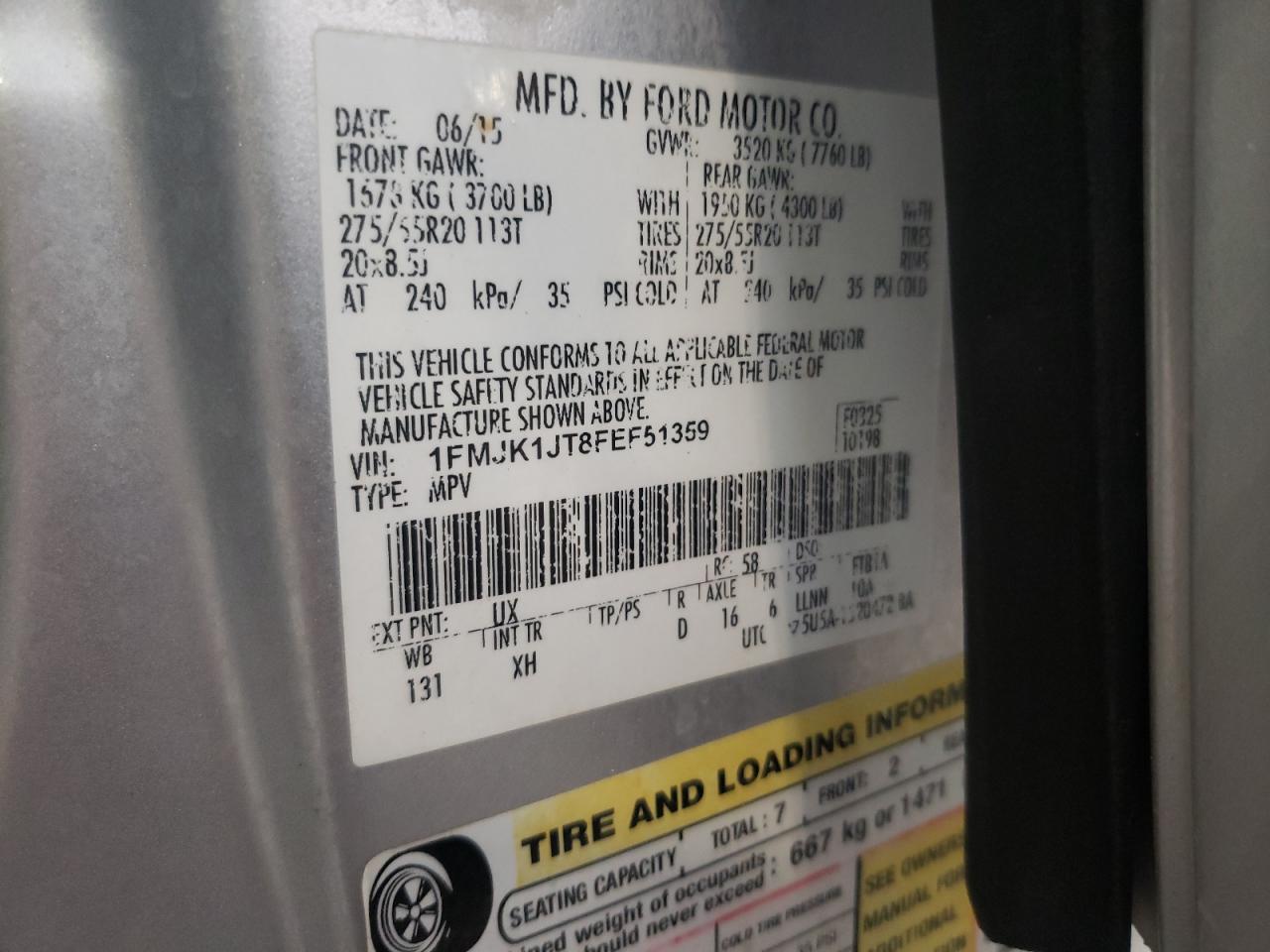 2015 Ford Expedition El Xlt VIN: 1FMJK1JT8FEF51359 Lot: 81859305